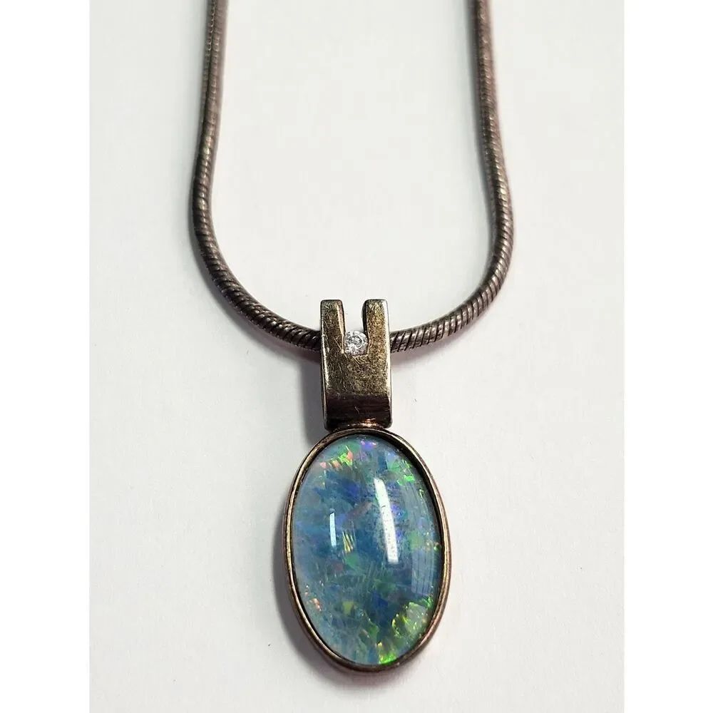 Sterling Silver Diamond And Opal Oval Pendant Necklace - Blue-Green Opal